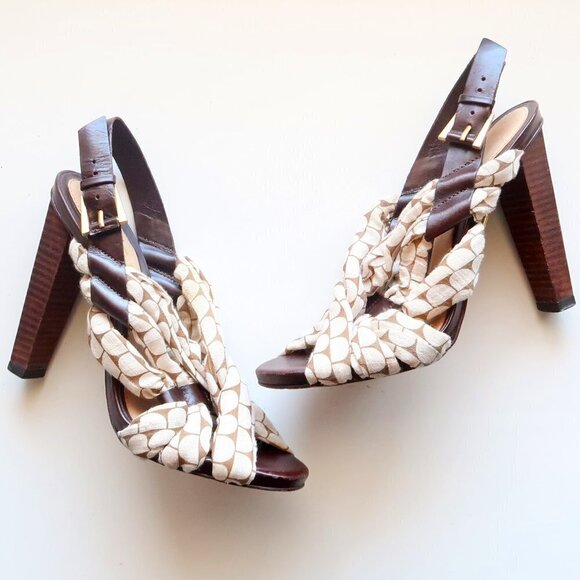 LAMB Brown Leather & Cream Canvas Sling-back Open Toe Sandals / Heels / Shoes 7. - Picture 14 of 14